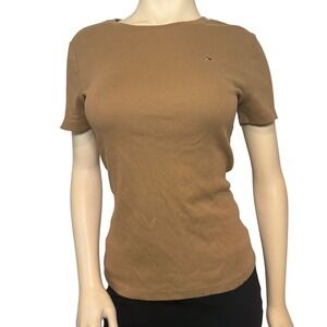 Tommy Hilfiger Womens Tan Cotton Ribbed Short Sleeve Crewneck T-Shirt Medium